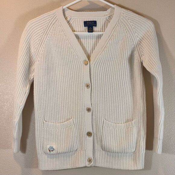 Vintage Polo Ralph Lauren Cream Cotton Cable Knit Button Up Cardigan Girls 8/10 - Picture 1 of 10